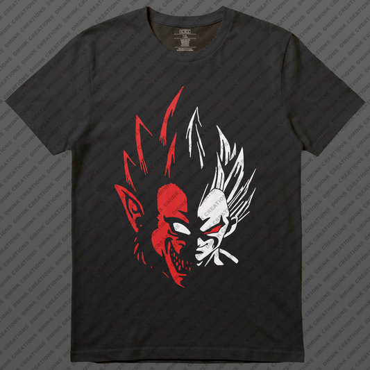 Black t-shirt with red great ape and white Vegeta graphic design on a gray background