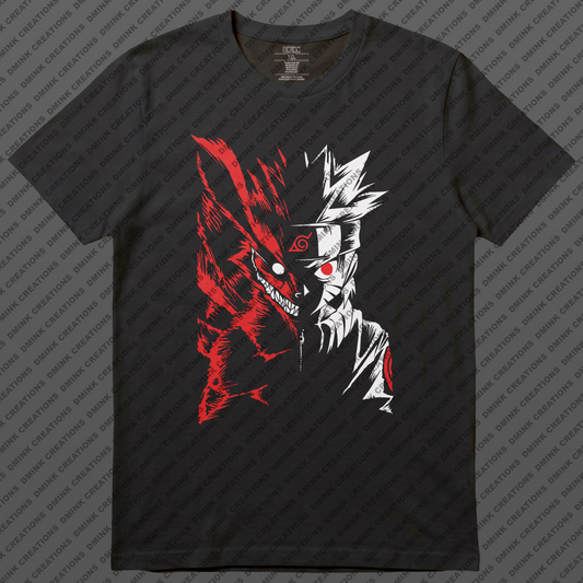 Black t-shirt with red Kurama and white Naruto graphic design on a gray background
