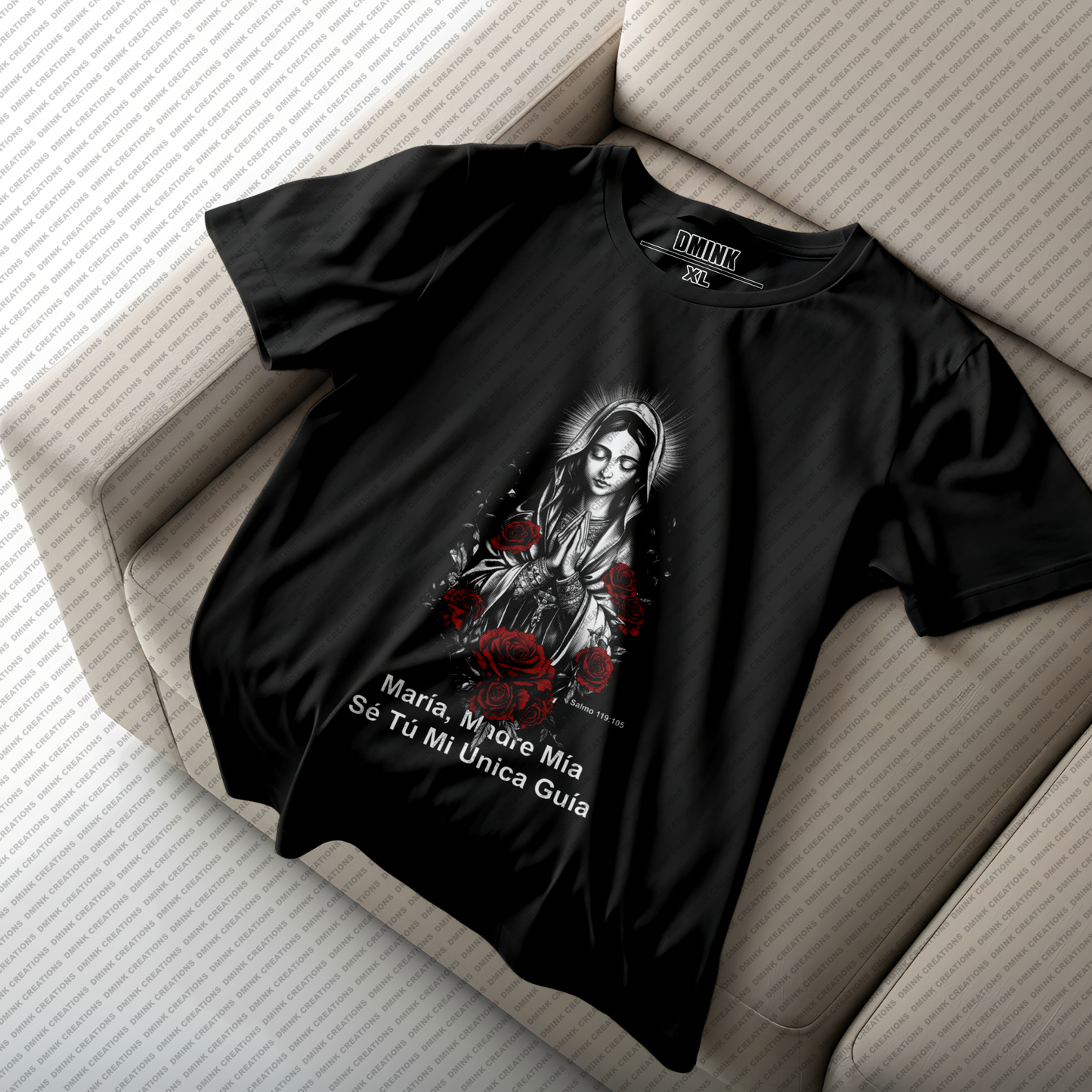 Black t-shirt with graphic design of Virgin Mary being my only guide