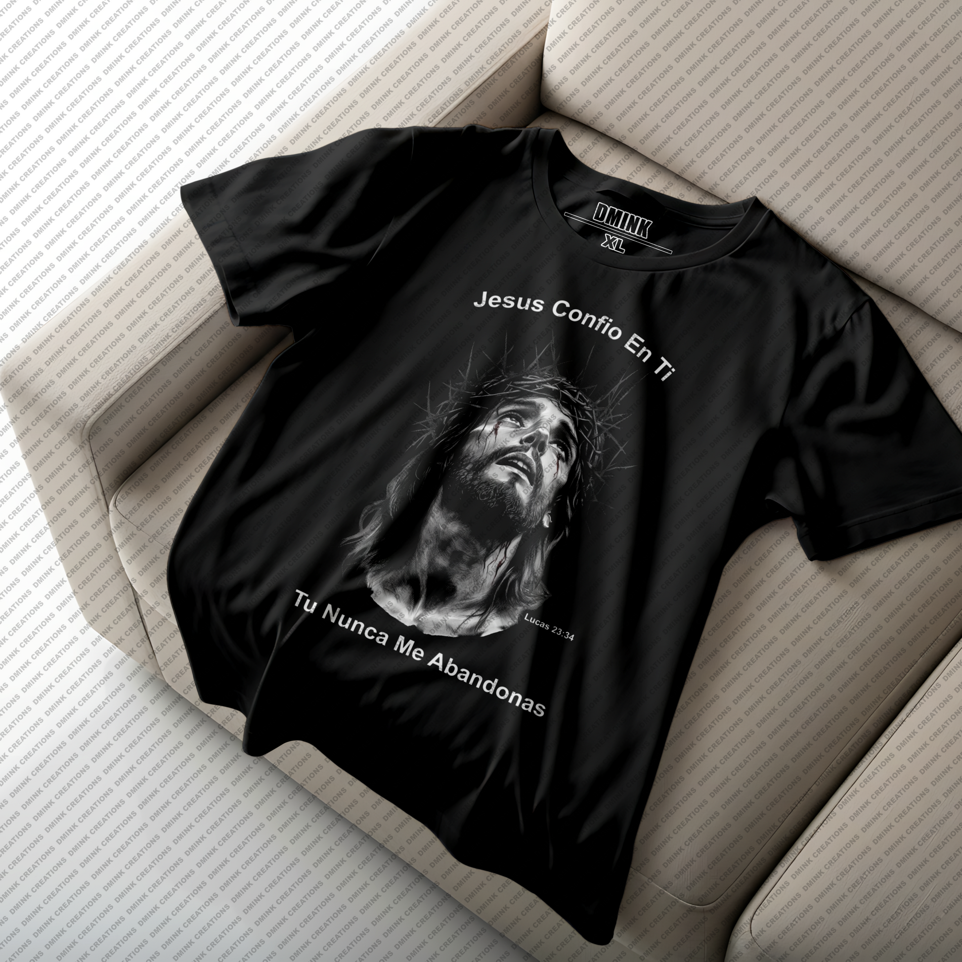 Black t-shirt with graphic design of Jesus Cristo never leaving me