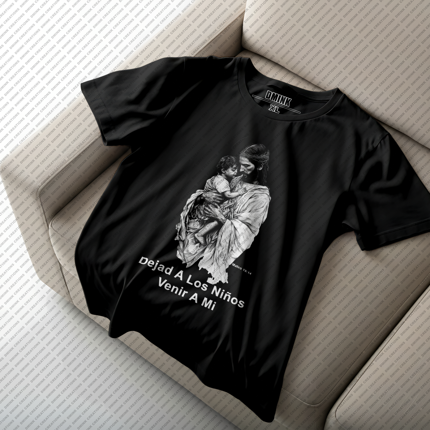 Black t-shirt with graphic design of Jesus Christ holding a baby